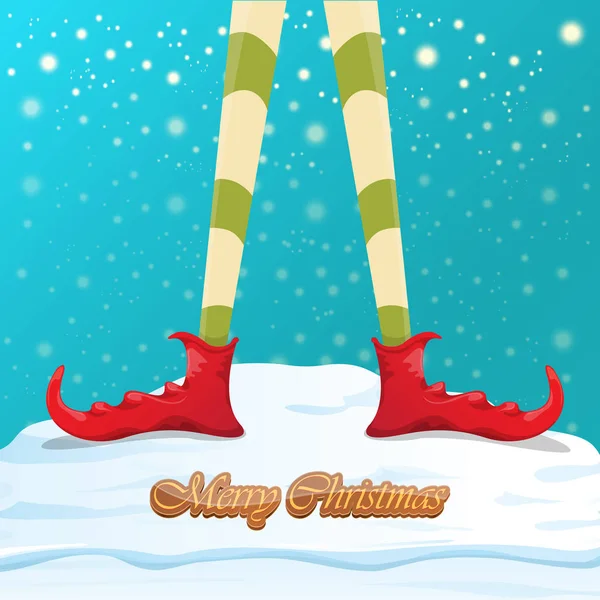 Vector divertido feliz tarjeta de felicitación de Navidad con las piernas de los elfos de dibujos animados, zapatos de elfo y la Navidad despojado media caída de nieve en el cielo. Vector feliz Navidad niños dibujos animados fondo — Archivo Imágenes Vectoriales