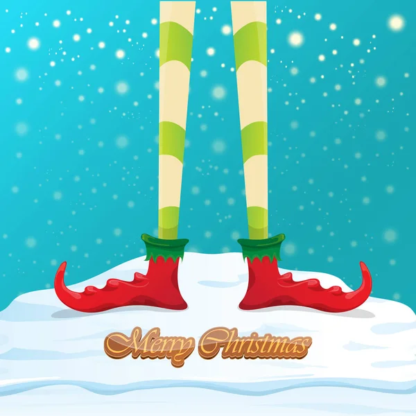 Vector funny merry christmas greeting card with cartoon elfs legs, elf shoes and christmas stripped stocking on falling snow in sky. Vector merry christmas kids cartoon background — Stock Vector