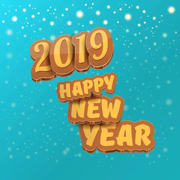 2019 Happy new year creative design background or greeting card with colorful numbers and greeting text. Bonne année étiquette ou icône isolée sur fond azur avec chute de neige et de lumières — Image vectorielle