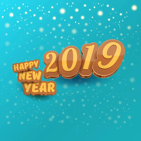 Šťastný nový rok 2019 kreativní design pozadí nebo pohlednici s barevnými čísly a text pozdravu. Šťastný nový rok popisek nebo ikonu izolované na azure pozadí s padající sníh a světla — Stockový vektor