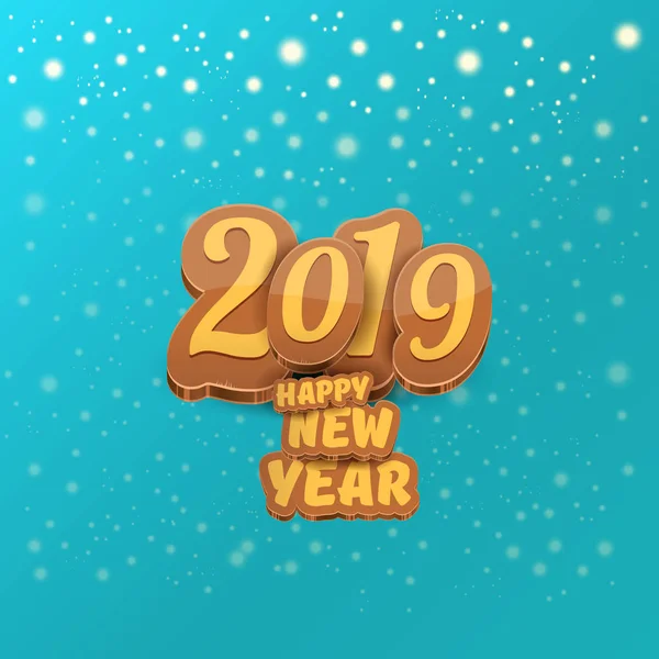 2019 Happy new year creative design background or greeting card with colorful numbers and greeting text. Bonne année étiquette ou icône isolée sur fond azur avec chute de neige et de lumières — Image vectorielle