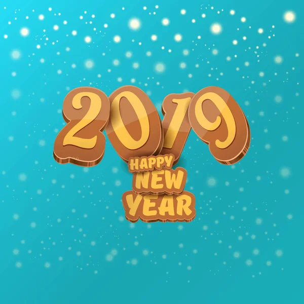 Šťastný nový rok 2019 kreativní design pozadí nebo pohlednici s barevnými čísly a text pozdravu. Šťastný nový rok popisek nebo ikonu izolované na azure pozadí s padající sníh a světla — Stockový vektor