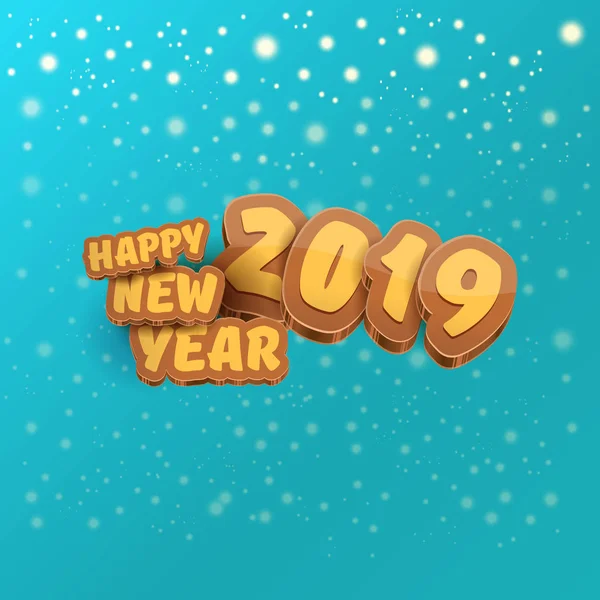 2019 Happy new year creative design background or greeting card with colorful numbers and greeting text. Bonne année étiquette ou icône isolée sur fond azur avec chute de neige et de lumières — Image vectorielle