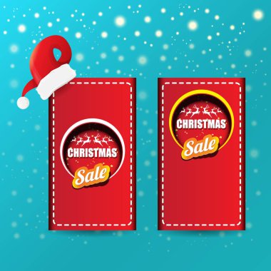 Noel satış kağıt başlık sayfası veya etiketi etiket düşen kar taneleri ile karlı azure arka plan üzerinde kırmızı santa şapka ile vektör. Kırmızı kış Noel satış afiş tasarım şablonu veya arka plan