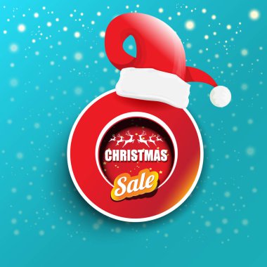 Noel satış kağıt başlık sayfası veya etiketi etiket düşen kar taneleri ile karlı azure arka plan üzerinde kırmızı santa şapka ile vektör. Kırmızı kış Noel satış afiş tasarım şablonu veya arka plan