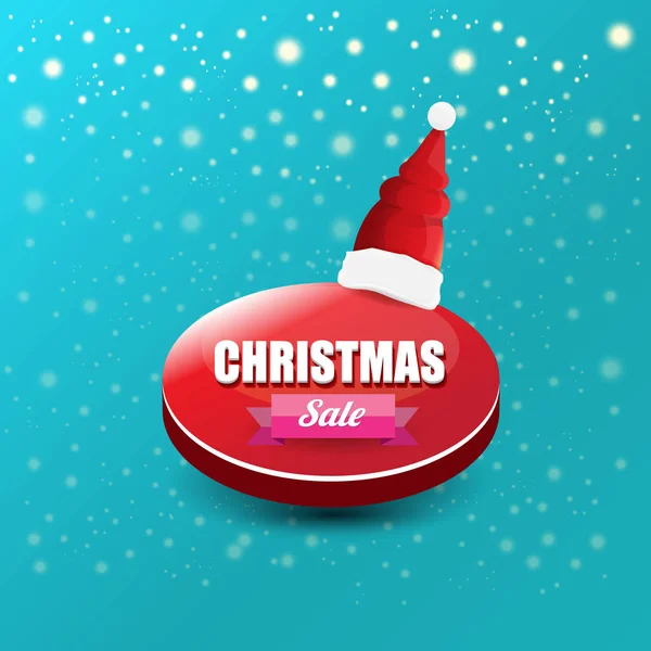 Bannière de vente de Noël vectorielle en papier ou étiquette avec chapeau santa rouge sur fond azur enneigé avec des flocons de neige tombants. Modèle de conception d'affiche de vente de Noël hiver rouge ou fond — Image vectorielle