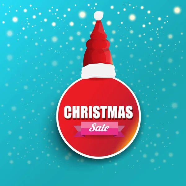 Vektor Weihnachtsverkauf Papierbanner oder Tag-Etikett mit roter Weihnachtsmütze auf schneeblauem Hintergrund mit fallenden Schneeflocken. rote Winter Weihnachten Verkauf Poster Design-Vorlage oder Hintergrund — Stockvektor