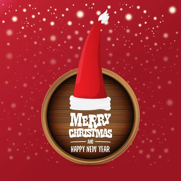 Векторный красный Санта шляпа с кругом деревянный знак доски и приветствие веселого рождественского текста на красном фоне. векторная рождественская открытка, шаблон дизайна баннера — стоковый вектор