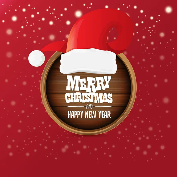 Векторный красный Санта шляпа с кругом деревянный знак доски и приветствие веселого рождественского текста на красном фоне. векторная рождественская открытка, шаблон дизайна баннера — стоковый вектор