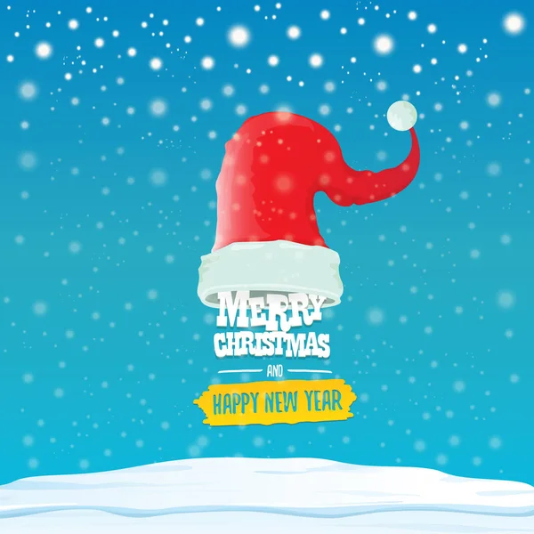 Векторная красная шляпа Санты с приветственным текстом Счастливого Рождества и счастливого Нового года на синем фоне со снегом и снежинками. Мультипликационная веселая открытка, баннер или xmas фон. векторная иллюстрация — стоковый вектор