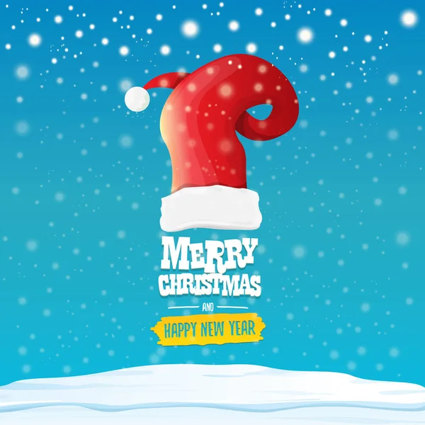 Vector rojo Santa sombrero con texto de saludo Feliz Navidad y feliz año nuevo sobre fondo azul con nieve y copos de nieve. Caricatura feliz tarjeta de Navidad, banner o fondo de Navidad. ilustración vectorial — Vector de stock