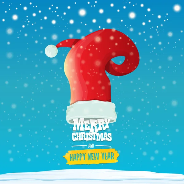 Vector röd Santa mössa med hälsning till text god jul och gott nytt år på blå bakgrund med snö och snöflingor. Cartoon merry christmas card, banner eller xmas bakgrund. vektorillustration — Stock vektor