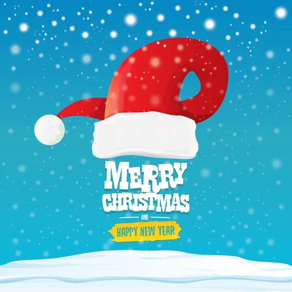 Vetor chapéu vermelho de Santa com texto de saudação Feliz Natal e feliz ano novo em fundo azul com neve e flocos de neve. Desenhos animados alegre cartão de Natal, banner ou fundo xmas. ilustração vetorial —  Vetores de Stock