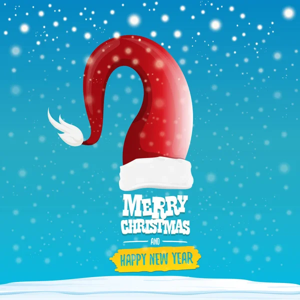 Vector κόκκινο καπέλο Santa με κείμενο χαιρετισμού καλά Χριστούγεννα και Ευτυχισμένο το νέο έτος σε μπλε φόντο με χιόνι και νιφάδες χιονιού. Καλά Χριστουγέννα κινουμένων σχεδίων, banner ή Χριστούγεννα φόντο. Εικονογράφηση διάνυσμα — Διανυσματικό Αρχείο