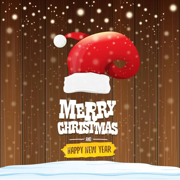 Vector red Santa hat with greeting text Merry Christmas and happy new year on wooden background with falling snowflakes. Funny Merry christmas greeting card, banner or poster xmas background. — Stock Vector
