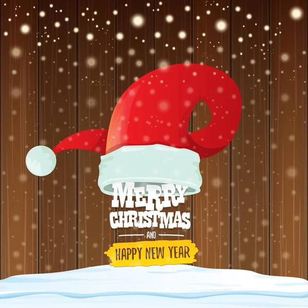 Vector red Santa hat with greeting text Merry Christmas and happy new year on wooden background with falling snowflakes. Funny Merry christmas greeting card, banner or poster xmas background. — Stock Vector