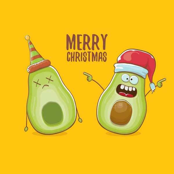 Vrolijk chirstmas vector funky wenskaart met met santa claus avocado karakter en zijn vriend elf op een oranje achtergrond. Vector grappige Kerstmis partij poster ontwerpsjabloon — Stockvector