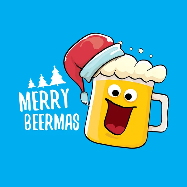 Merry Beermas Vector Comic Weihnachtsgrußkarte mit Bierglas Cartoon-Figur und rotem Weihnachtsmann isoliert auf blauem Hintergrund. Vektor Erwachsene Weihnachten Bier Party Poster Design-Vorlage — Stockvektor