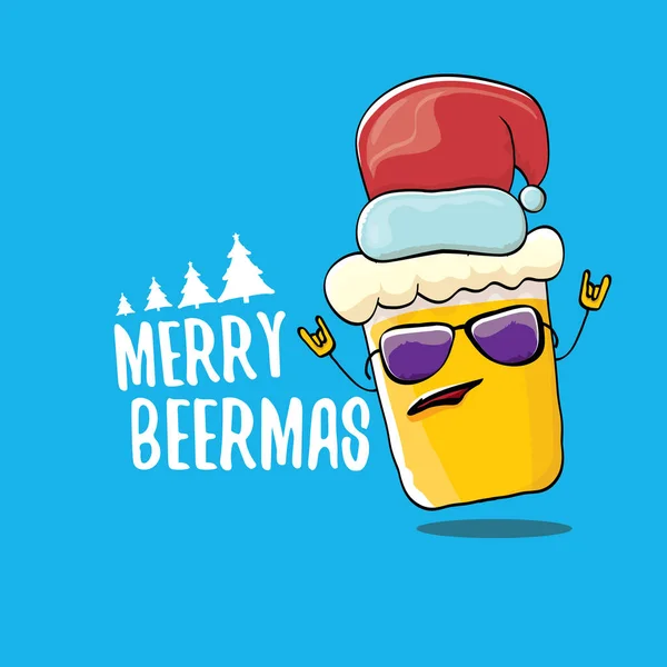 Merry Beermas Vector Comic Weihnachtsgrußkarte mit Bierglas Cartoon-Figur und rotem Weihnachtsmann isoliert auf blauem Hintergrund. Vektor Erwachsene Weihnachten Bier Party Poster Design-Vorlage — Stockvektor