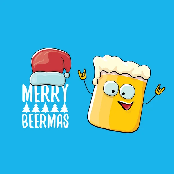 Merry beermas vector komische christmas wenskaart met bier glas stripfiguur en rode kerstmuts geïsoleerd op blauwe achtergrond. Vector volwassen kerst bier partij poster ontwerpsjabloon — Stockvector