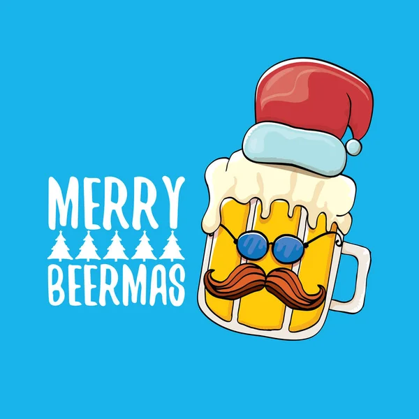 Merry Beermas Vector Comic Weihnachtsgrußkarte mit Bierglas Cartoon-Figur und rotem Weihnachtsmann isoliert auf blauem Hintergrund. Vektor Erwachsene Weihnachten Bier Party Poster Design-Vorlage — Stockvektor