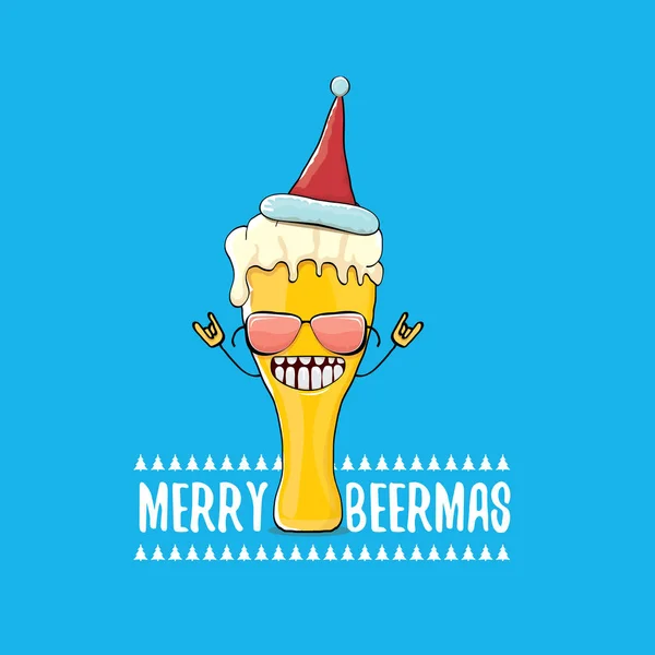 Veselé beermas vektorové komické Vánoční blahopřání s pivní sklo kreslená postavička a red hat santa izolované na modrém pozadí. Vektor pro dospělé vánoční pivo strany plakát šablona návrhu — Stockový vektor