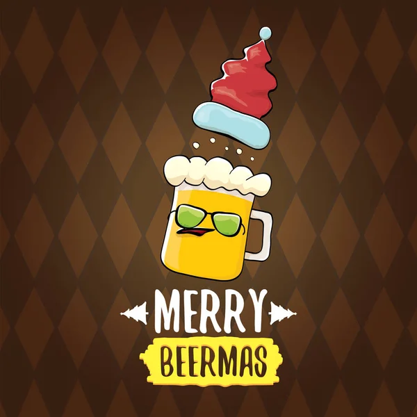 Merry Beermas Vector Weihnachtsgrußkarte mit Bierglas Cartoon-Figur und rotem Weihnachtsmann isoliert auf braunem Hintergrund. Vektor funky christmas beer party poster design template — Stockvektor