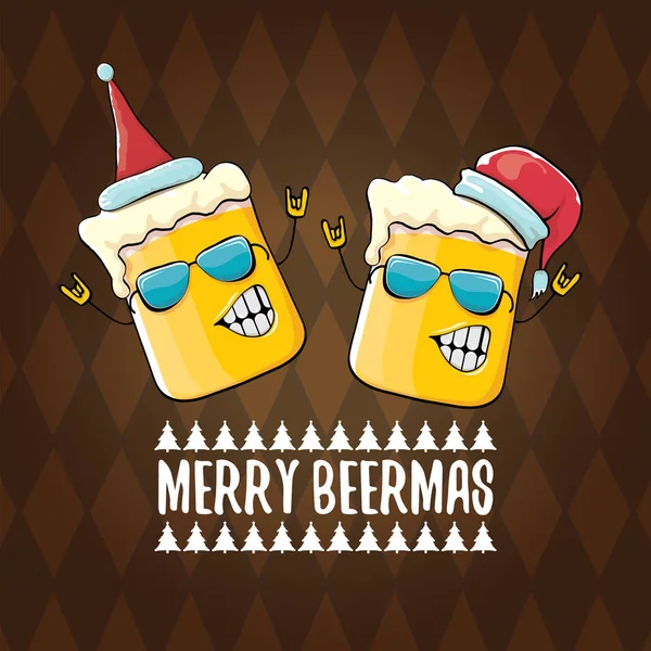 Merry Beermas Vector Weihnachtsgrußkarte mit Bierglas Cartoon-Figur und rotem Weihnachtsmann isoliert auf braunem Hintergrund. Vektor funky christmas beer party poster design template — Stockvektor