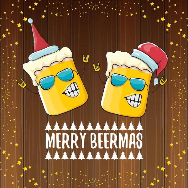 Merry Beermas Vector Weihnachtsgrußkarte mit Bierglas Cartoon-Figur und rotem Weihnachtsmann isoliert auf Holzgrund. Vektor funky christmas beer party poster design template — Stockvektor