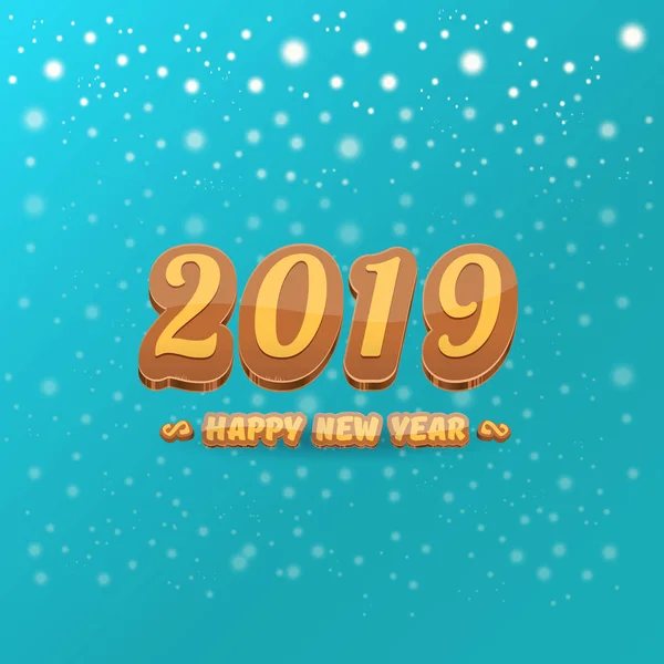 2019 frohes neues Jahr Design Hintergrund oder Grußkarte mit bunten Zahlen und Grußtext. frohes neues Jahr Etikett oder Symbol isoliert auf azurblauem Hintergrund mit Schneeflocken — Stockvektor