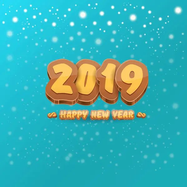 2019 frohes neues Jahr Design Hintergrund oder Grußkarte mit bunten Zahlen und Grußtext. frohes neues Jahr Etikett oder Symbol isoliert auf azurblauem Hintergrund mit Schneeflocken — Stockvektor