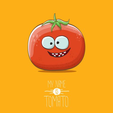 komik karikatür şirin kırmızı domates karakter üzerinde turuncu arka plan izole vektör. Benim adım domates olduğunu. yaz sebze funky karakter