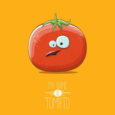 komik karikatür şirin kırmızı domates karakter üzerinde turuncu arka plan izole vektör. Benim adım domates olduğunu. yaz sebze funky karakter