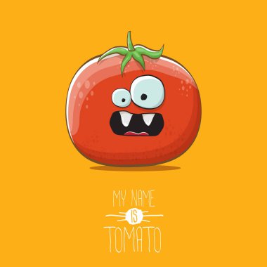 komik karikatür şirin kırmızı domates karakter üzerinde turuncu arka plan izole vektör. Benim adım domates olduğunu. yaz sebze funky karakter