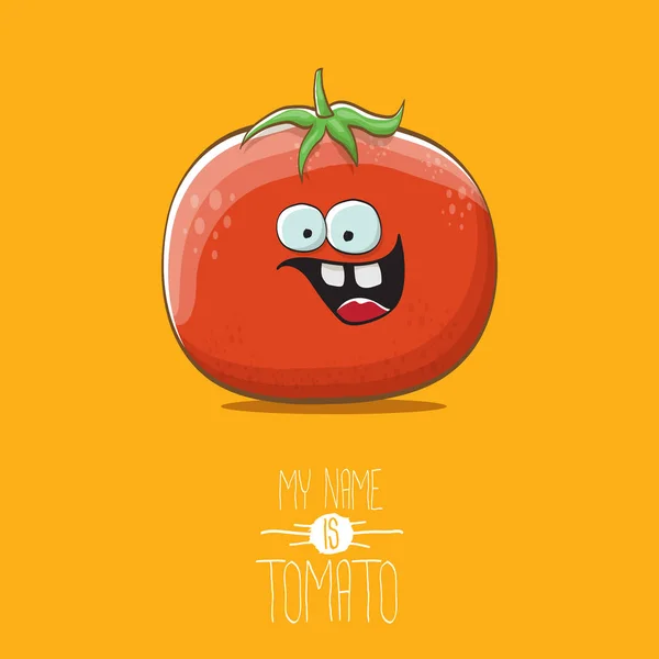 재미 있는 만화 귀여운 빨간 토마토 문자 오렌지 배경에 고립 된 벡터. 내 이름은 토마토입니다. 여름 야채 펑키 문자 — 스톡 벡터