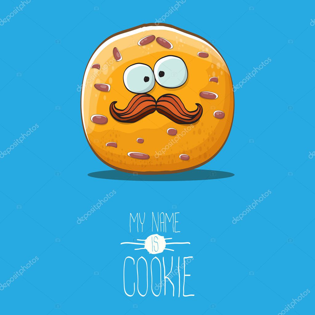 Vector funny hand drawn homemade chocolate chip cookie character isolated on blue background. My name is cookie concept illustration. funky food character or bakery label mascot