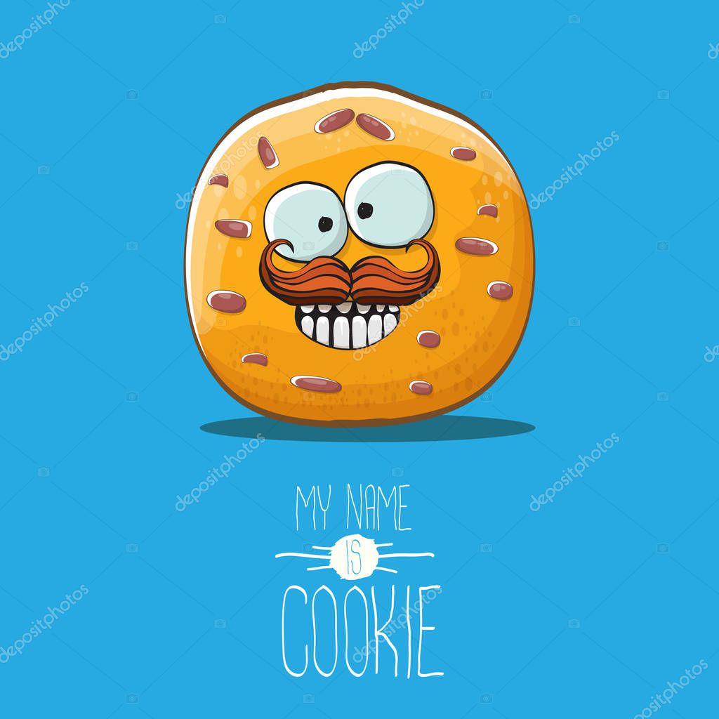 Vector funny hand drawn homemade chocolate chip cookie character isolated on blue background. My name is cookie concept illustration. funky food character or bakery label mascot