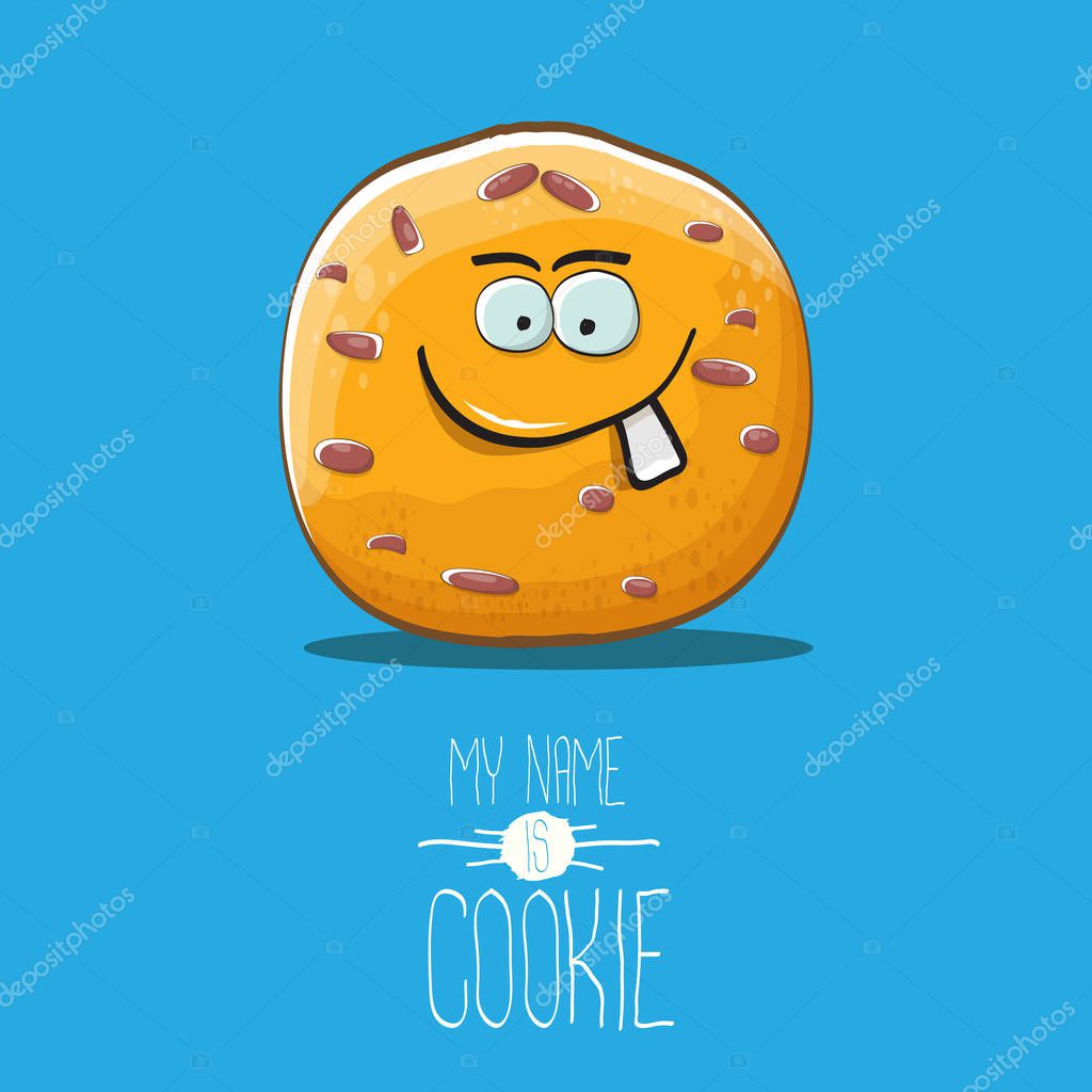 Vector funny hand drawn homemade chocolate chip cookie character isolated on blue background. My name is cookie concept illustration. funky food character or bakery label mascot