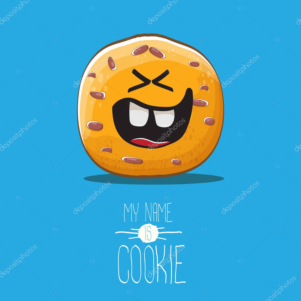 Vector funny hand drawn homemade chocolate chip cookie character isolated on blue background. My name is cookie concept illustration. funky food character or bakery label mascot