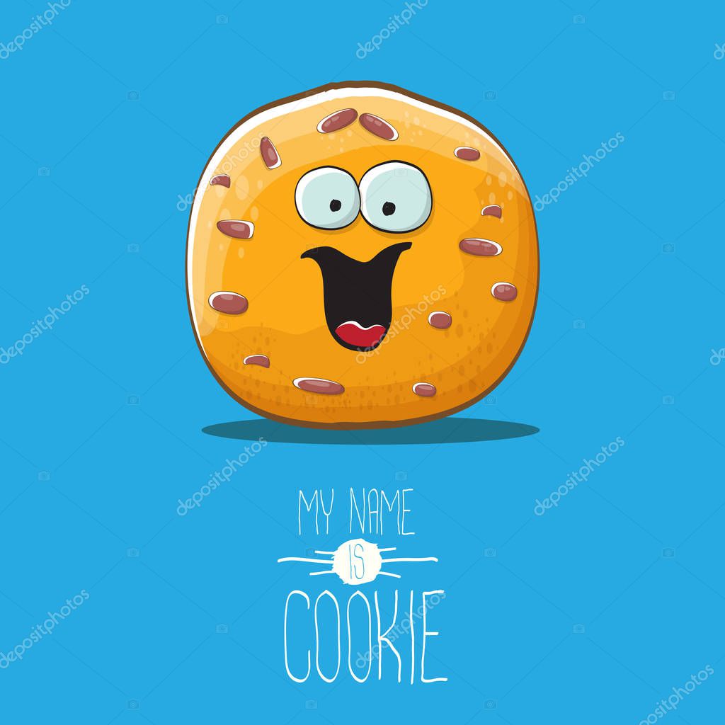 Vector funny hand drawn homemade chocolate chip cookie character isolated on blue background. My name is cookie concept illustration. funky food character or bakery label mascot