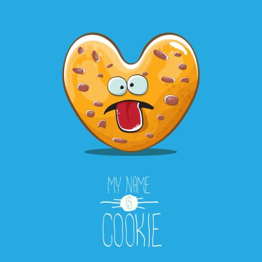 vektör komik el ev yapımı kalp şekli tanımlama bilgisi karakter üzerinde mavi arka plan izole çekilmiş. Benim adım tanımlama bilgisi kavramı ilişkindir. Funky güzel gıda karakter veya fırın etiket maskot