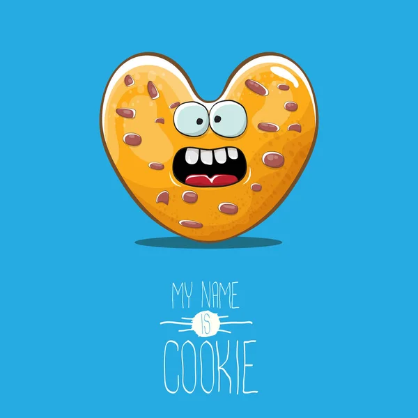 Vektor vicces kézzel rajzolt házi szív alakú cookie karakter elszigetelt kék háttér. A nevem cookie fogalma szemlélteti. funky szép karakter vagy pékség címke kabalafigurák — Stock Vector
