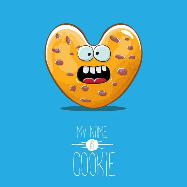 Vector grappige hand getekend zelfgemaakte hart vorm cookie karakter geïsoleerd op blauwe achtergrond. Mijn naam is cookie concept illustratie. Funky heerlijk eten teken of bakkerij label mascotte — Stockvector