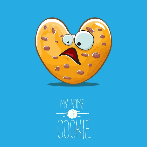 Vector grappige hand getekend zelfgemaakte hart vorm cookie karakter geïsoleerd op blauwe achtergrond. Mijn naam is cookie concept illustratie. Funky heerlijk eten teken of bakkerij label mascotte — Stockvector