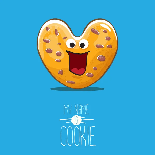 Vector funny hand drawn homemade heart shape cookie character isolated on blue background. My name is cookie concept illustration. funky lovely food character or bakery label mascot — Stock Vector