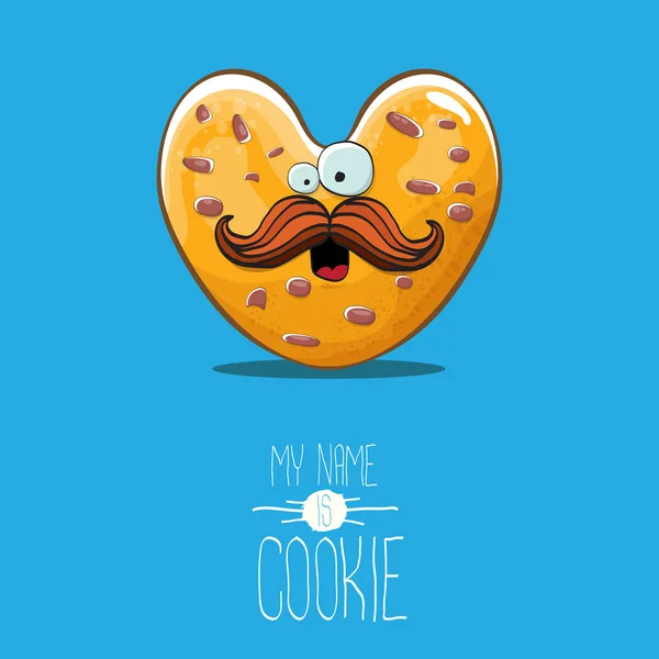 Vector grappige hand getekend zelfgemaakte hart vorm cookie karakter geïsoleerd op blauwe achtergrond. Mijn naam is cookie concept illustratie. Funky heerlijk eten teken of bakkerij label mascotte — Stockvector