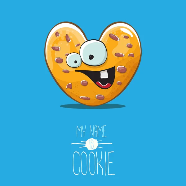 Vector funny hand drawn homemade heart shape cookie character isolated on blue background. My name is cookie concept illustration. funky lovely food character or bakery label mascot — Stock Vector