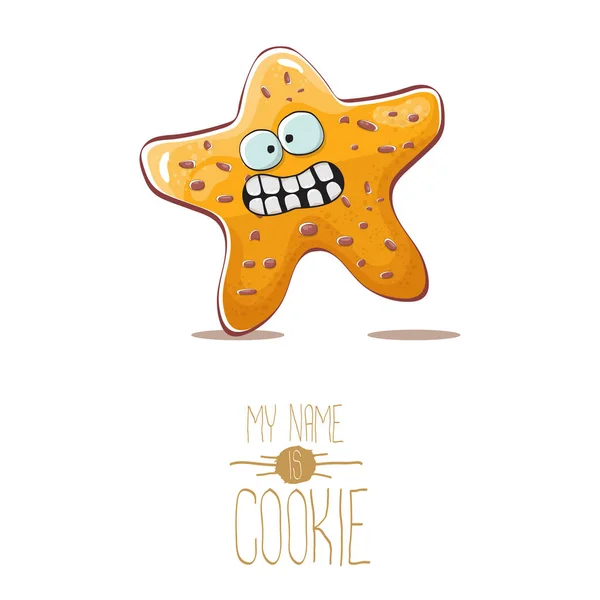 Vector grappige hand getekend stervorm cookie karakter geïsoleerd op een witte achtergrond. Mijn naam is cookie concept illustratie. Funky heerlijk eten teken of bakkerij label mascotte — Stockvector