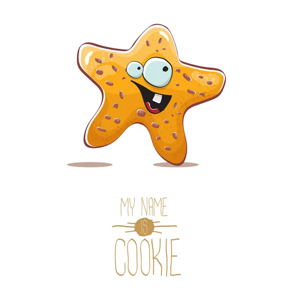Vector grappige hand getekend stervorm cookie karakter geïsoleerd op een witte achtergrond. Mijn naam is cookie concept illustratie. Funky heerlijk eten teken of bakkerij label mascotte — Stockvector