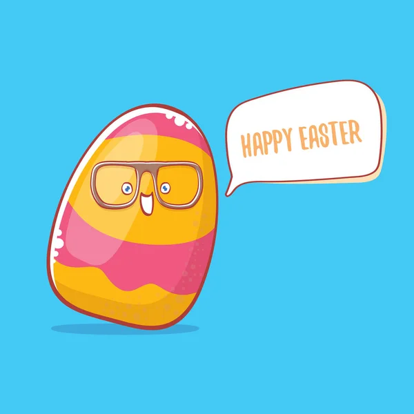 Feliz tarjeta de felicitación de caricatura de Pascua con lindo personaje de huevo de dibujos animados aislado sobre fondo azul. Vector Feliz Pascua concepto creativo ilustración — Vector de stock